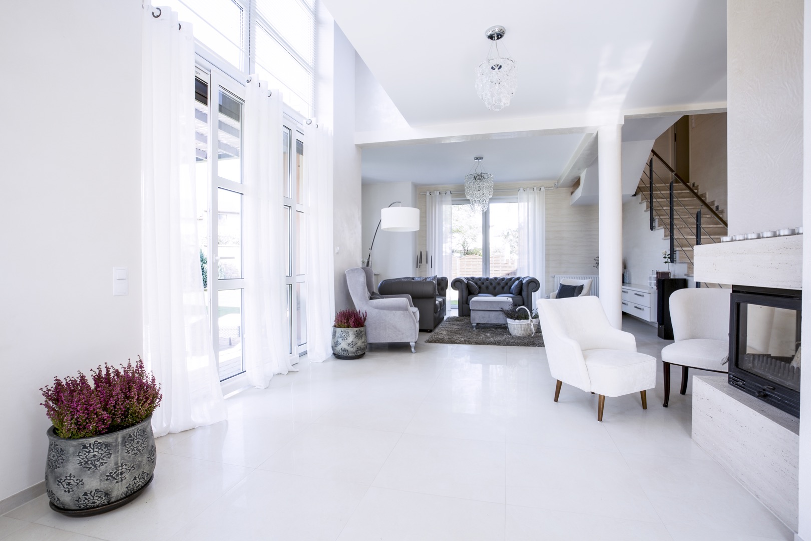 living room with big windows